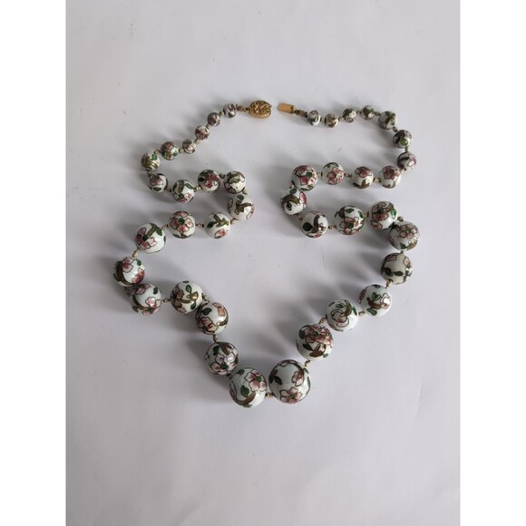 VTG Chinese White Pink Cloisonne Paint Style Knotted Glass Bead 27" Necklace - Picture 12 of 14